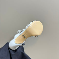 CRYSTAL HORSEBIT STRAPPY SANDAL 10.5CM IN WHITE PATENT LEATHER