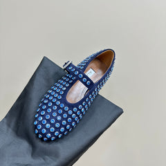 ALAIA CRYSTAL EMBELLISHED BALLET FLATS IN NAVY BLUE SUEDE