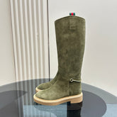 SLIM HORSEBIT KNEE BOOTS WITH WEB IN KHAKI GREEN SUEDE