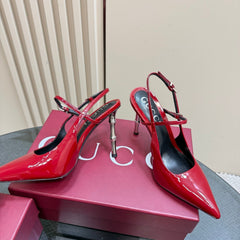 POINTED-TOE HIGH BAMBOO-EFFECT HEEL SLINGBACK IN RED PATENT CALFSKIN