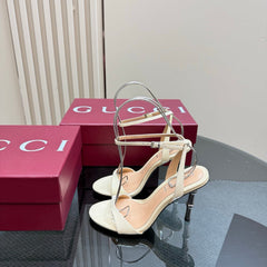 STRAP HIGH BAMBOO-EFFECT HEEL SANDAL IN CREAM PATENT CALFSKIN