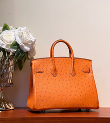 KELLY SELLIER 25 BAG IN FIRE ORANGE OSTRICH LEATHER WITH SILVER HARDWARE