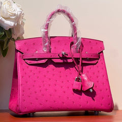 KELLY SELLIER 25 BAG IN BRIGHT PINK OSTRICH LEATHER WITH SILVER HARDWARE