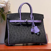 KELLY SELLIER 25 BAG IN BLACK MIX AMETHYST PURPLE OSTRICH LEATHER