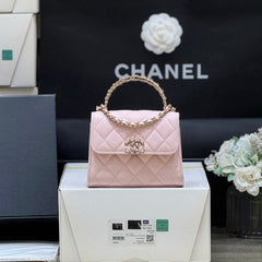 QUILTED FLAP BAG WITH HANDLE 18 IN BABY PINK LAMBSKIN GOLD HARDWARE