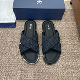 DIOR 25S ALIAS CROSS-STRAP SLIDES IN BLACK CALFSKIN WITH CD OBLIQUE DARK BLUE LOGO