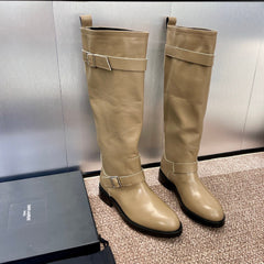 YSL 25S KNEE-HIGH BOOTS 30 MM IN BEIGE LAMBSKIN WITH SILVER HARDWARE