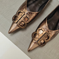 POINTED BALLET FLATS IN CHOCOLATE SHINY CRACKED SHEEPSKIN