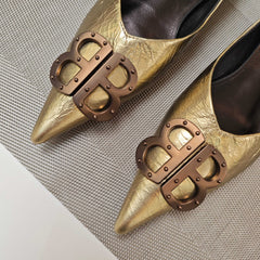 POINTED BALLET FLATS IN GOLD METALLIC SHINY CRACKED SHEEPSKIN