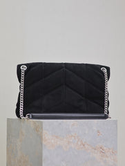 YSL 25S LOULOU PUFFER GM 35 IN BLACK SUEDE SILVER HARDWARE