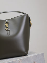 YSL 25S LE 5 À 7 BUCKET 26 IN DARK OLIVE CALFSKIN GOLD HARDWRE