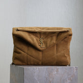 YSL 25S LOULOU PUFFER GM 35 IN TAN BROWN SUEDE GOLD HARDWARE