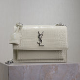 YSL 25S SUNSET MEDIUM 22 IN IVORY CROCODILE-EMBOSSED SHINY CALFSKIN SILVER HARDWARE