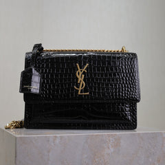 YSL 25S SUNSET MEDIUM 22 IN BLACK CROCODILE-EMBOSSED SHINY CALFSKIN GOLD HARDWARE