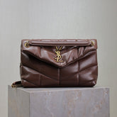 YSL 25S LOULOU PUFFER MM 29 IN DARK BROWN CALFSKIN GOLD HARDWARE