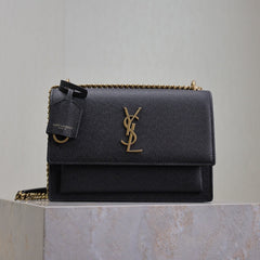YSL 25S SUNSET MEDIUM 22 IN BLACK GRAINED CALFSKIN GOLD HARDWARE