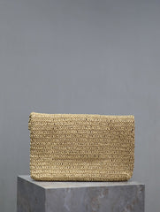 YSL 25S CASSANDRE LARGE ENVELOPE POUCH 29 IN NATURAL RAFFIA GOLD HARDWRE