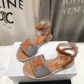 LYMPIA SANDAL IN TRIOMPHE MACCRAMÉ COTTON & CALFSKIN BRONZE BROWN/NAVY