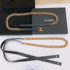 RIBBED BOW WAIST CHAIN IN GOLD TONE BRASS AND BLACK LAMBSKIN