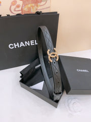 DOUBLE C BELT 20MM IN BLACK CALFSKIN WITH QUILTED STITCHING AND SPIRAL GOLD BUCKLE