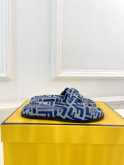 FENDI FLAT SLIPPER IN NAVY BLUE MONOGRAM JACQUARD FABRIC WITH GOLD HARDWARE