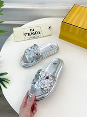 FENDI THICK SOLE 3 CM SEQUIN SLIPPER SILVER