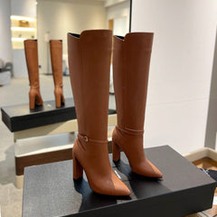 YSL 25S HIGH-HEEL KNEE-HIGH BOOTS 95 MM IN RUST BROWN LAMBSKIN