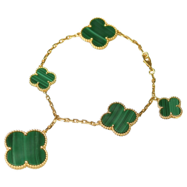 MAGIC CLOVER MALACHITE GOLD BRACELET 5 MOTIFS