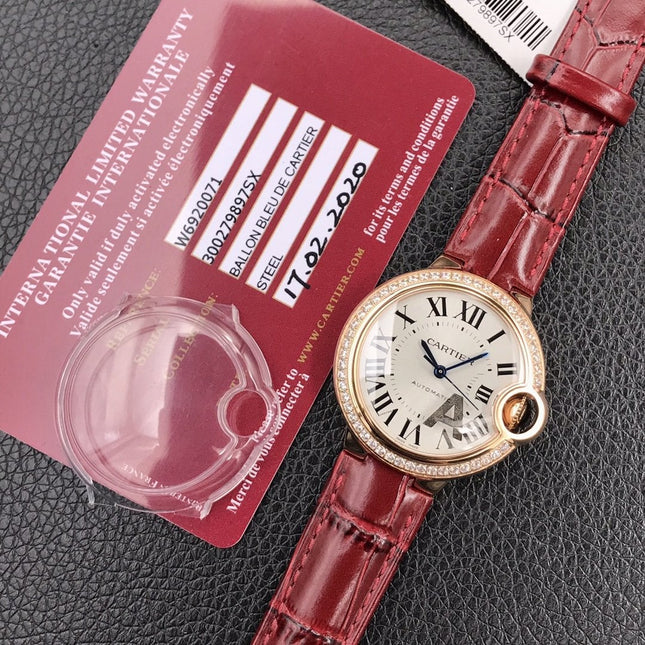 BALLON BLEU 33MM ROSE GOLD CASE DIAMOND BEZEL RED LEATHER