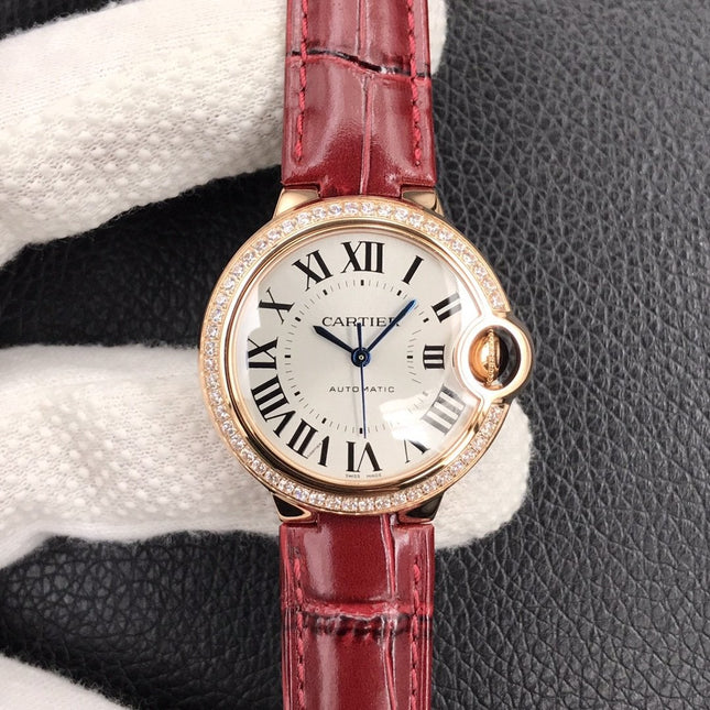 BALLON BLEU 33MM ROSE GOLD CASE DIAMOND BEZEL RED LEATHER