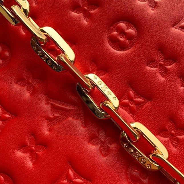 COUSSIN PM 27 RED MONOGRAM EMBOSSED PUFFY LAMBSKIN