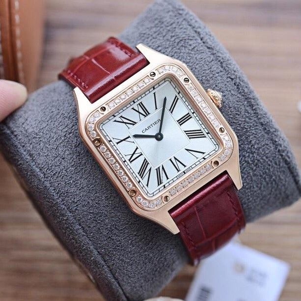 SANTOS DUMONT QUARTZ 33MM ROSE GOLD DIAMOND BEZEL