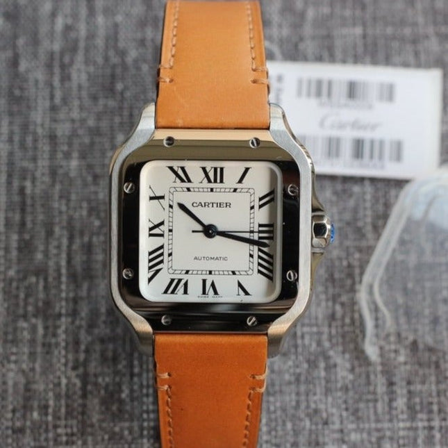 SANTOS 34MM STEEL CASE BROWN LEATHER