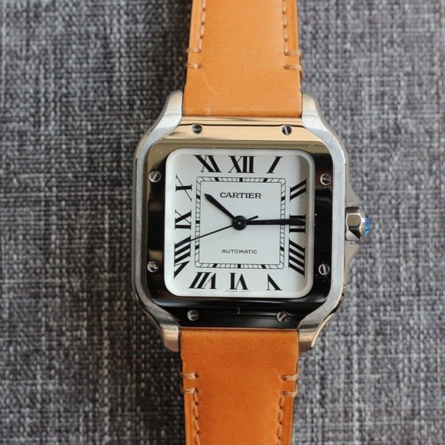 SANTOS 34MM STEEL CASE BROWN LEATHER