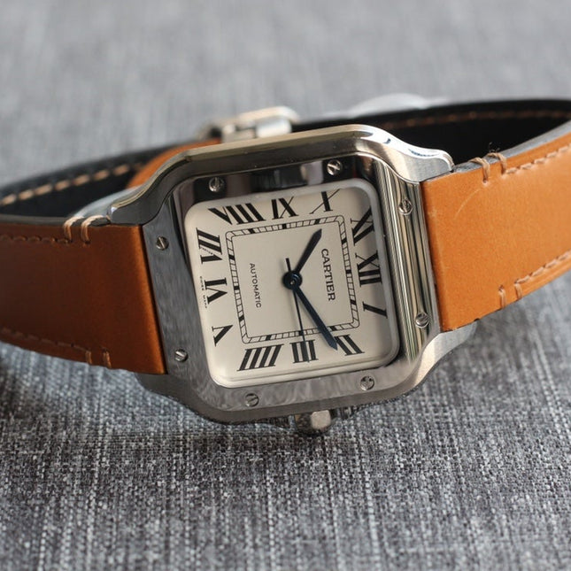 SANTOS 34MM STEEL CASE BROWN LEATHER