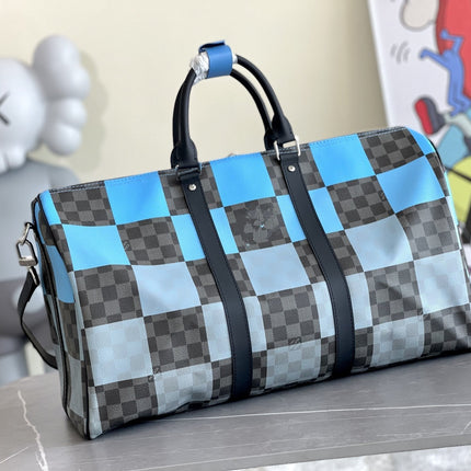 KEEPALL 50 BANDOULIERE BLUE DAMIER GRAPHITE