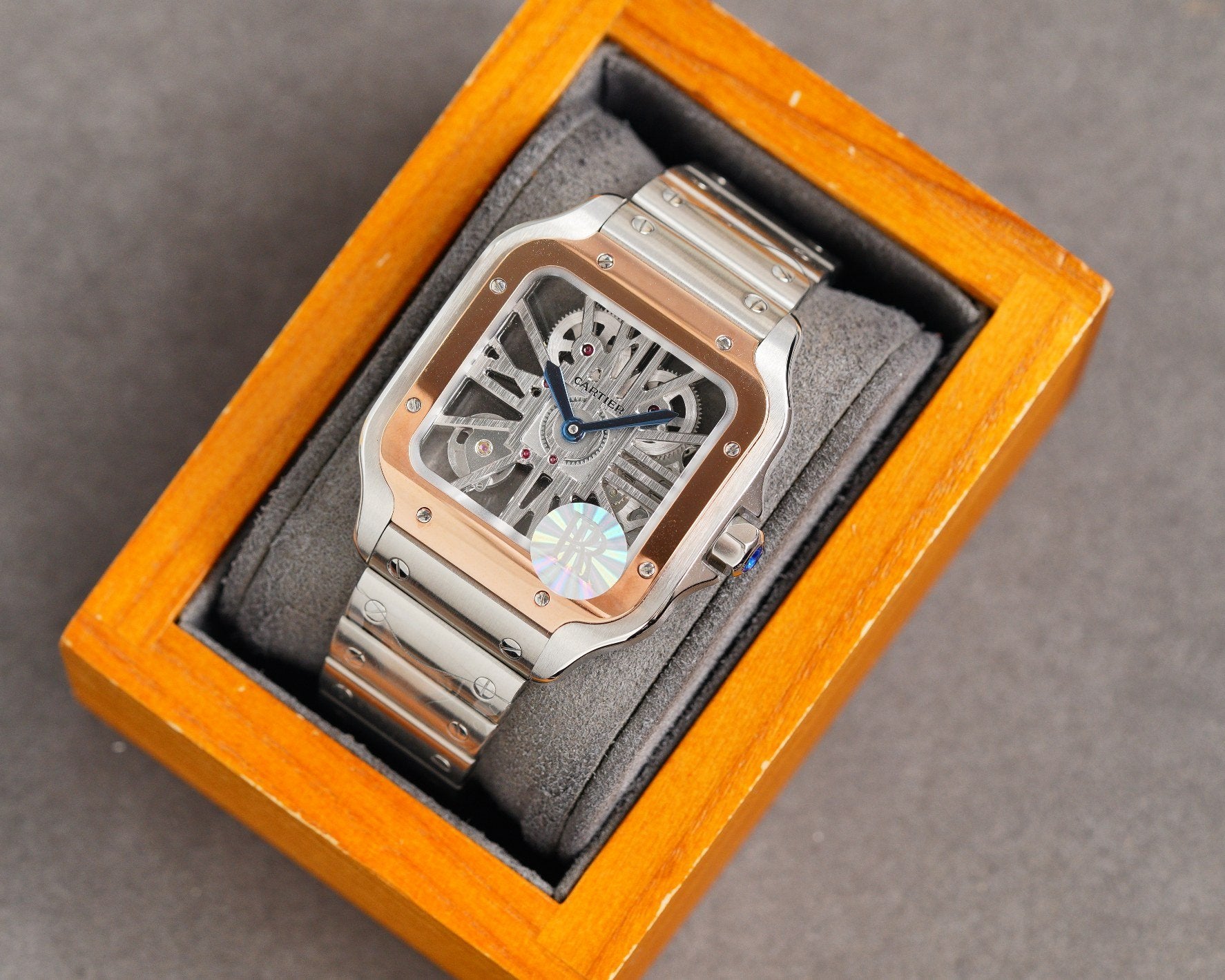 SANTOS DE CARTIE STAINLES STEEL SKELETON DIAL ROSE GOLD BEZEL