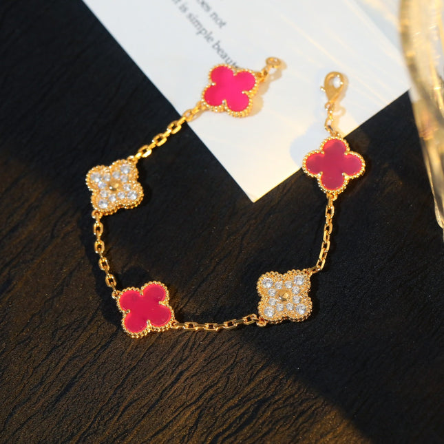 CLOVER 5 GOLD DIAMOND PINK NATURAL STONE BRACELET