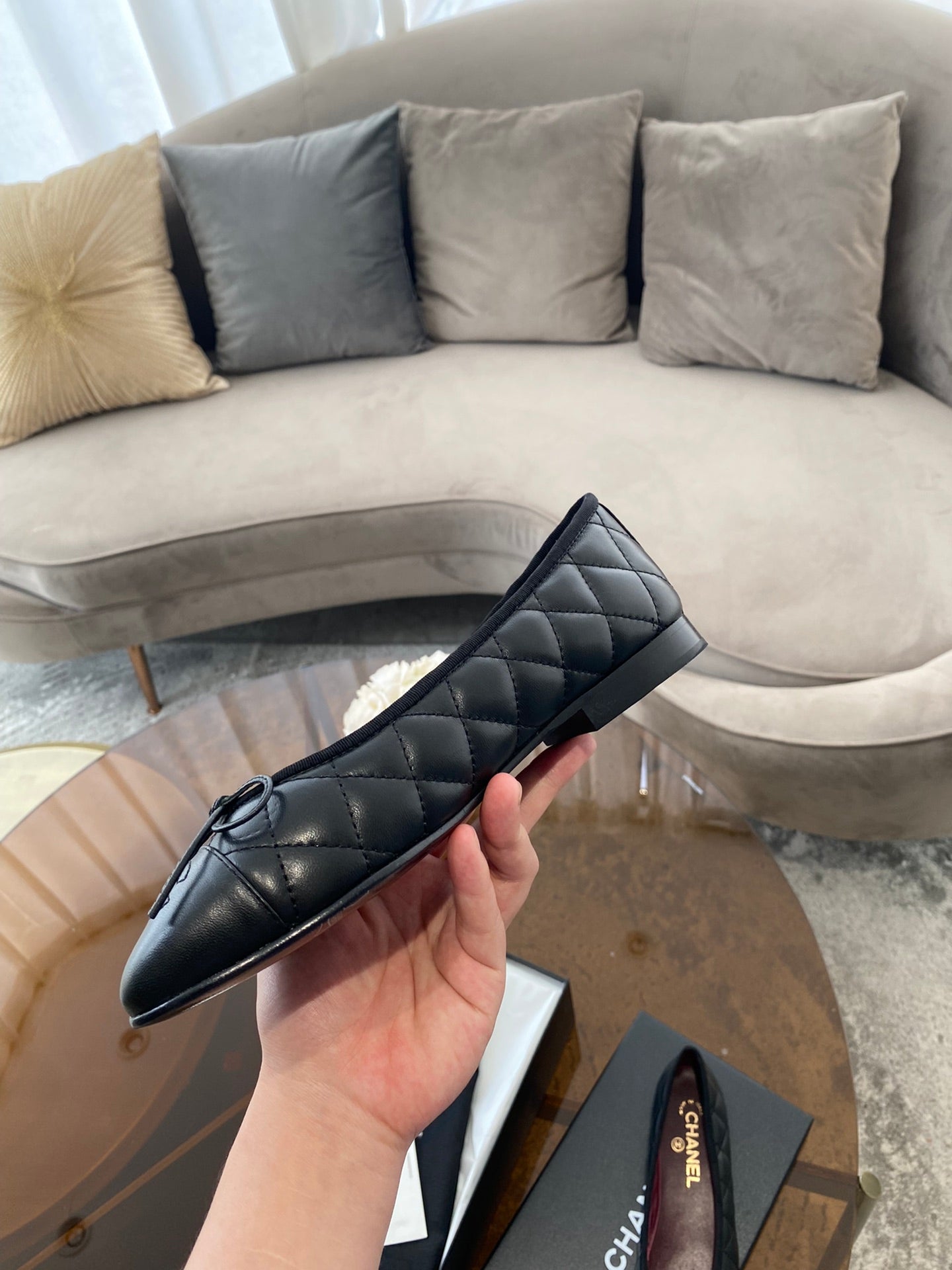 BALLET FLATS BLACK QUILTED LAMBSKIN