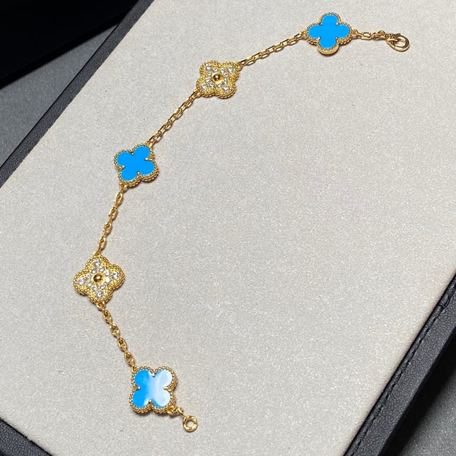 CLOVER 5 MOTIF TURQUOISE DIAMOND GOLD BRACELET