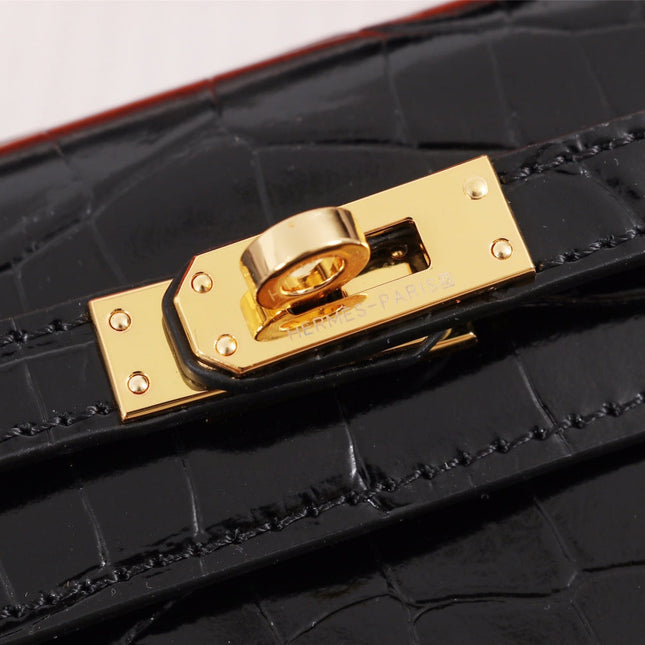 HM KELLY MINI 19.5 BLACK ALLIGATOR GOLD BUCKLE