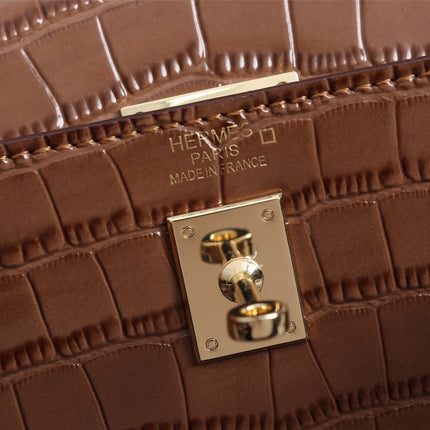 HM KELLY MINI 22 CHOCOLATE ALLIGATOR GOLD BUCKLE