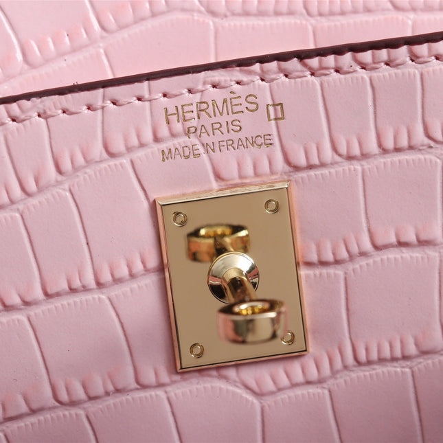 HM KELLY MINI 22 LIGHT PINK ALLIGATOR GOLD BUCKLE