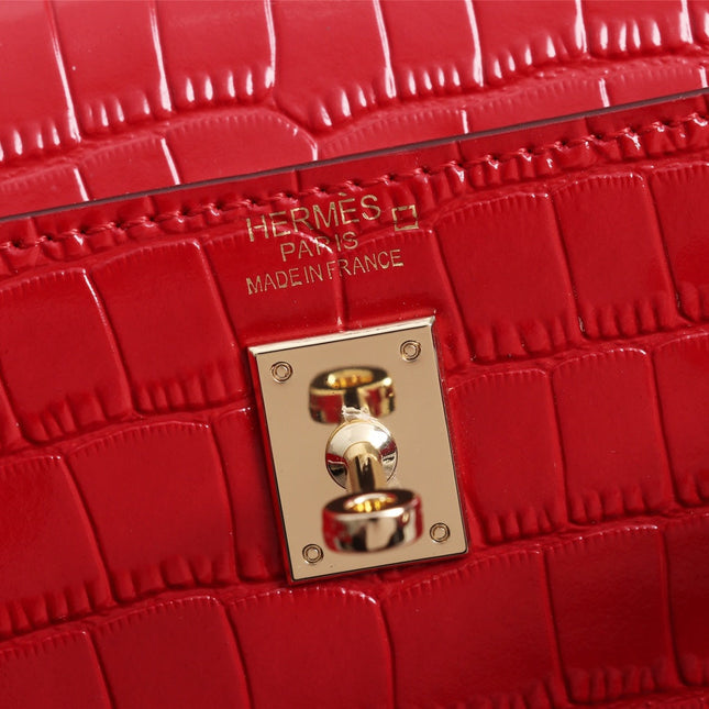 HM KELLY MINI 22 RED ALLIGATOR GOLD BUCKLE