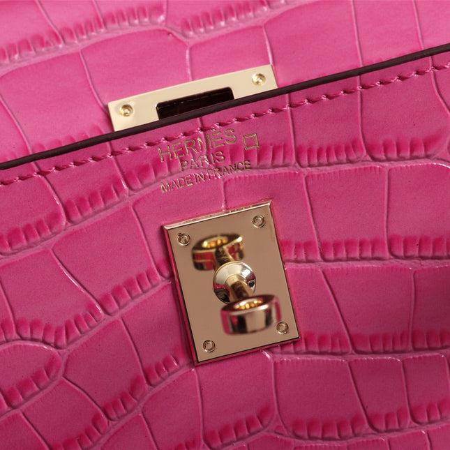 HM KELLY MINI 22 DEEP PINK ALLIGATOR GOLD BUCKLE