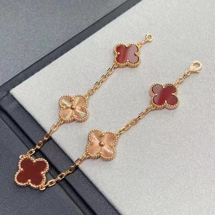 CLOVER BRACELET 5 MOTIFS CARNELIAN PINK GOLD