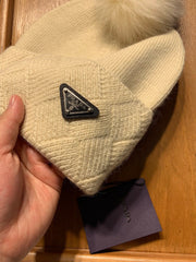 BEANIE HAT IN BISQUE BEIGE WOOL AND RABBIT FUR 361433