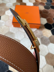 HM CONSTANCE BELT BUCKLE & REVERSIBLE BRONZE BROWN LEATHER STRAP 38MM GOLD HARDWARE