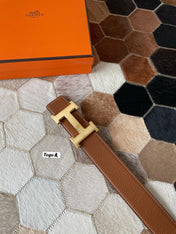 HM CONSTANCE BELT BUCKLE & REVERSIBLE BRONZE BROWN LEATHER STRAP 38MM GOLD HARDWARE