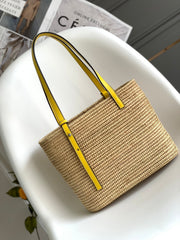 LOEWE 25S BASKET BAG 30 IN NATURAL MIX YELLOW RAFFIA CALFSKIN SHOULDER STRAP